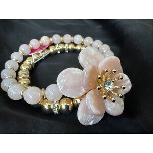 Lilly Pulitzer CZ Bracelet Gold Pink Flower Rhinestone Stacked Bead Bracelet NWT